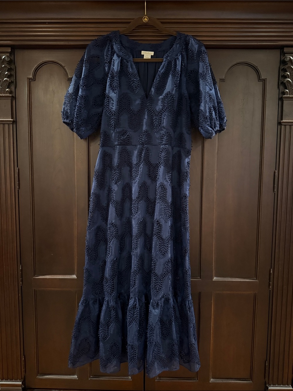Shoshanna Navy Textured Maxi Dress with Puff Sleeves